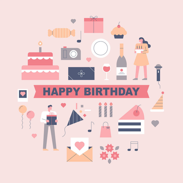 Varios iconos para una fiesta de cumpleaños romántica. Un personaje de pareja sosteniendo un pastel de cumpleaños y un regalo
. - Vector, Imagen