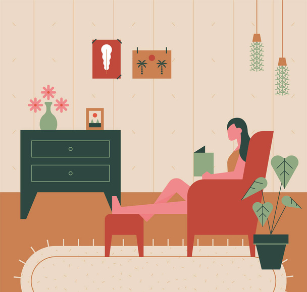 Μια γυναίκα κάθεται στον καναπέ και ξεκουράζεται διαβάζοντας ένα βιβλίο. Άνετο τοπίο σπίτι. - Διάνυσμα, εικόνα