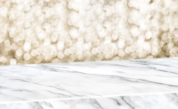 white marble glossy table diagonal with blur sparkling gold boke - Φωτογραφία, εικόνα