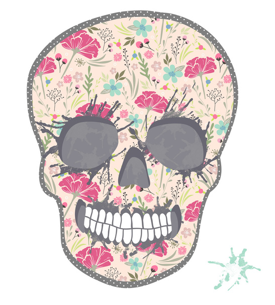 Cute skull with floral pattern. Skull from flowers. - Vector, Image