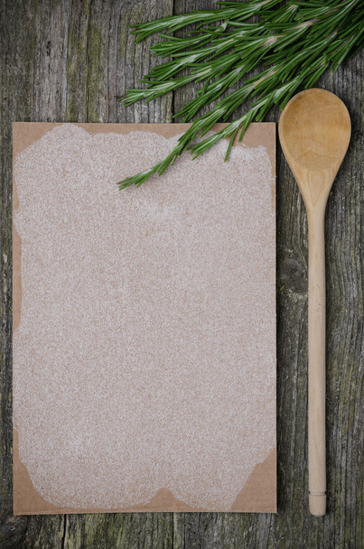 Blank paper with space for text, spoon and fresh rosemary - Fotoğraf, Görsel