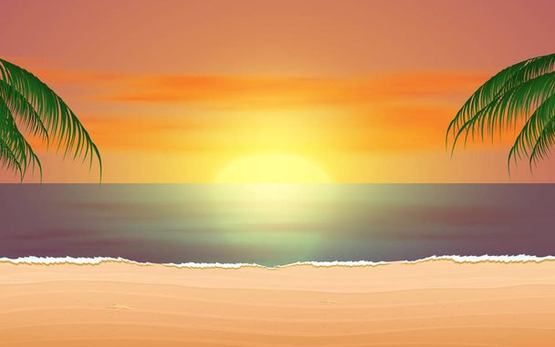 日没時のビーチの風景 - ベクター画像