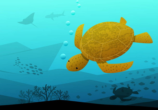 Θαλάσσια χελώνα που κολυμπάει σε βαθιά γαλάζια θάλασσα, διάνυσμα τέχνης - Διάνυσμα, εικόνα