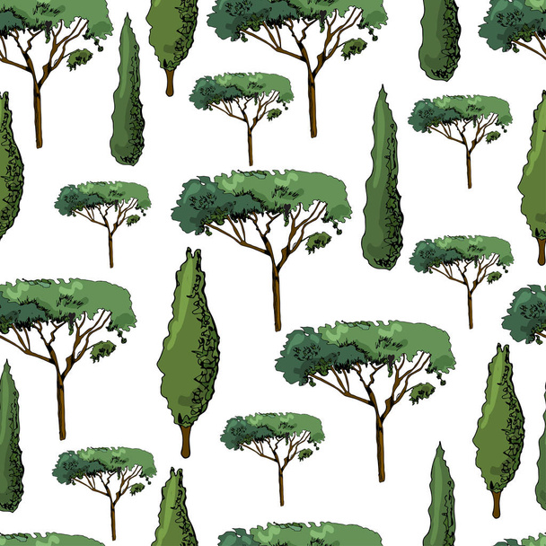 Seamless pattern with italian trees cypresses and pines. Ink and colored elements isolated on white background. - Vektori, kuva
