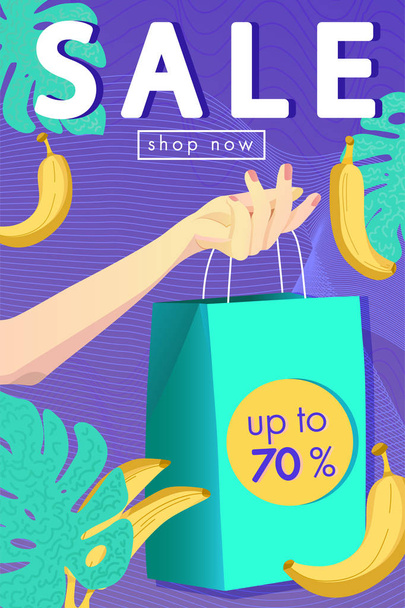 VENDITA banner design. Shopping borse sconto in mano della ragazza, foglie tropicali e banane
. - Vettoriali, immagini