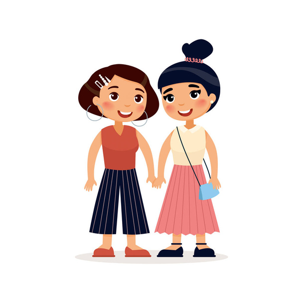 Two young a lesbian couple or girlfriends holding hands - Vector, Image