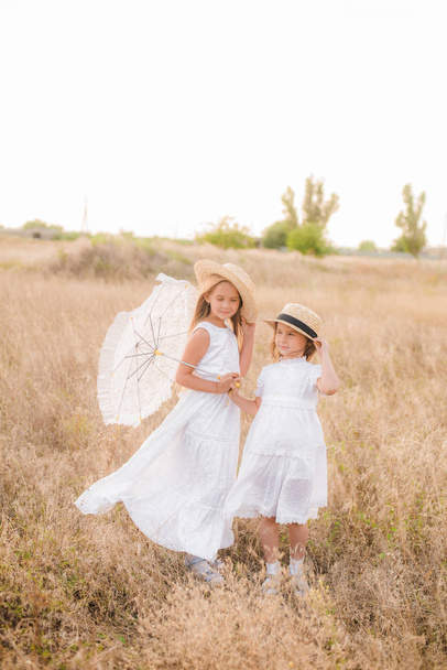 Cute little girls sisters with blond  hair in a summer field at sunset in white dresses with a straw hat - Foto, afbeelding