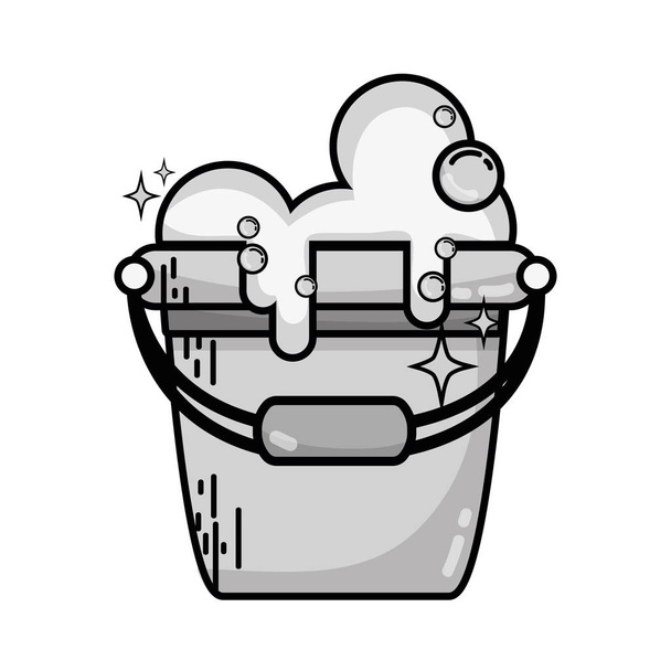 grayscale laundry pail with detergent bubbles to clean - Vector, Image