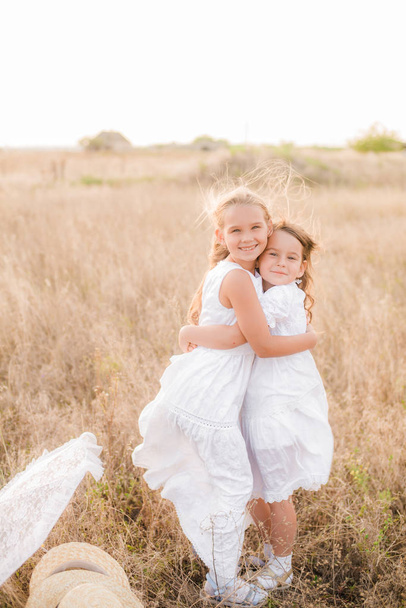Cute little girls sisters with blond  hair in a summer field at sunset in white dresses with a straw hat - Foto, imagen