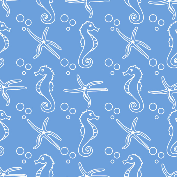 Vector seamless pattern with sea horses, starfish - Vector, imagen