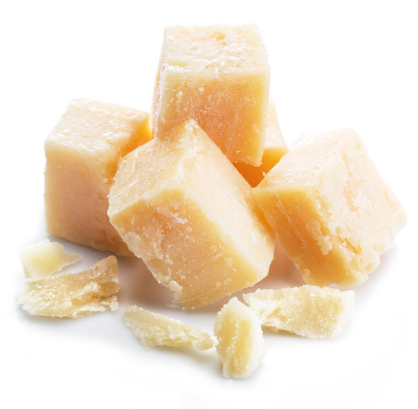 Parmesan cheese cubes isolated on white background. - Φωτογραφία, εικόνα