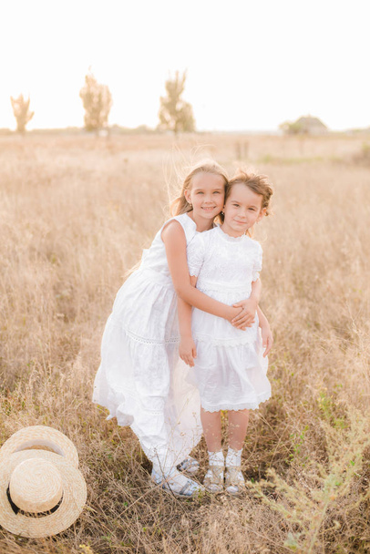 Cute little girls sisters with blond  hair in a summer field at sunset in white dresses with a straw hat - Foto, immagini