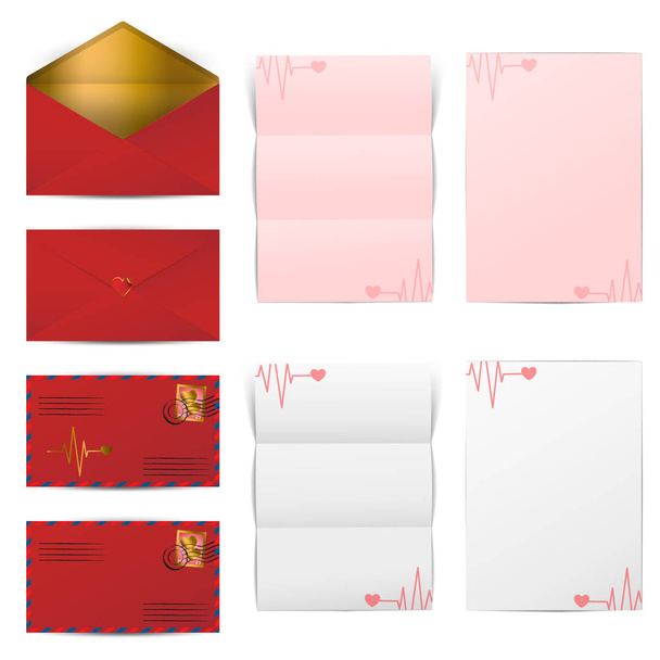 Red envelopes and blank letter papers template set for Valentine's day, vector illustration - Vector, Image