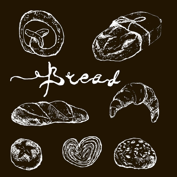Padaria ou casa de pão esboço cartaz de pão assado branco na ilustração vetor de giz preto. Modelo para padaria de pão de trigo fresco pão ou pão de centeio e espigas de trigo
. - Vetor, Imagem