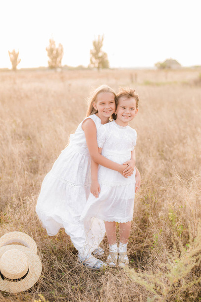 Cute little girls sisters with blond  hair in a summer field at sunset in white dresses with a straw hat - Fotografie, Obrázek