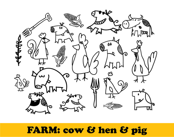 αγρόκτημα σύνολο - αγελάδες, κότες, χοίροι - Διάνυσμα, εικόνα