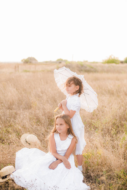 Cute little girls sisters with blond  hair in a summer field at sunset in white dresses with a straw hat - Foto, Imagem