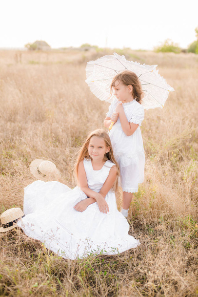 Cute little girls sisters with blond  hair in a summer field at sunset in white dresses with a straw hat - Photo, Image