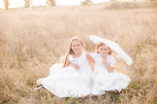 Cute little girls sisters with blond  hair in a summer field at sunset in white dresses with a straw hat - Fotografie, Obrázek