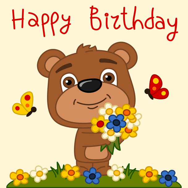 greeting card with cute funny cartoon character of teddy bear holding flower bouquet on meadow and text Happy birthday - ベクター画像