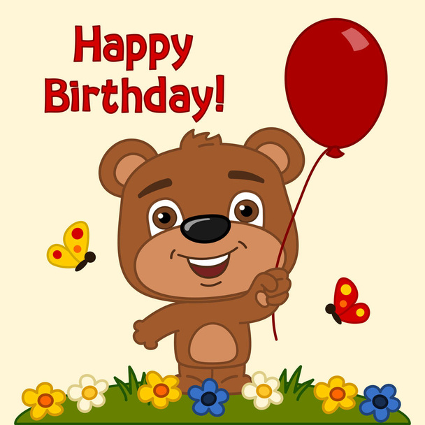 greeting card with cute funny cartoon character of bear holding balloon with text Happy birthday on meadow  - Vecteur, image