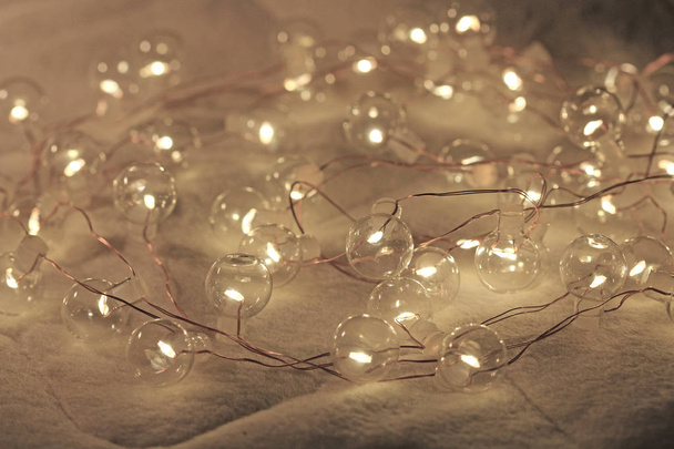 Christmas lights or New Year's Garland. Macro Lights in the Shap - Fotoğraf, Görsel