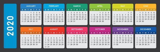 2020 calendar. 2020 calendar template on dark background. Editable vector file available. English and sunday to monday version. - Vector, Image