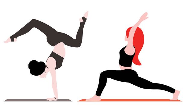 Twee jonge vrouwen die in yoga asanas staan. Ontspanning, geïsoleerde vrouwen kleur illustratie. Voor het logo, website, element voor decoratie - Vector, afbeelding