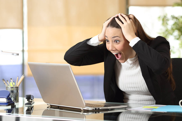 Excited businesswoman checking laptop online content - 写真・画像