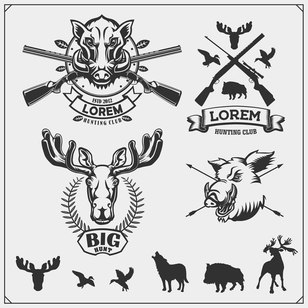 Set of hunting emblems, labels and design elements. Duck, moose, wild boar, wolf and deer. - ベクター画像