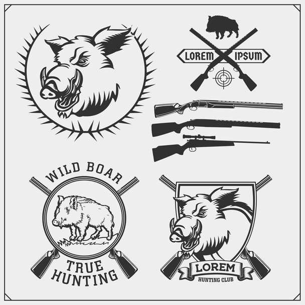 Set of vintage hunting wild boar labels, badges, emblems and design elements. Print desigr for hunt club t-shirt. - Vektor, obrázek