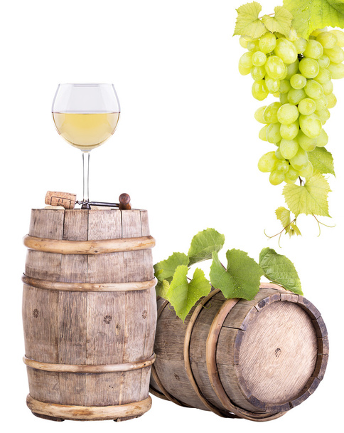 Grapes with wine glass and wooden vintage barrel - Fotoğraf, Görsel