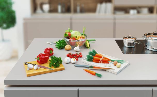 gesunde Lebensmittel auf dem Tisch in der Küche, 3D-Darstellung - Foto, Bild