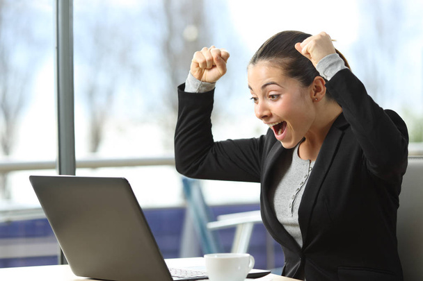 Excited businesswoman checking laptop content - 写真・画像