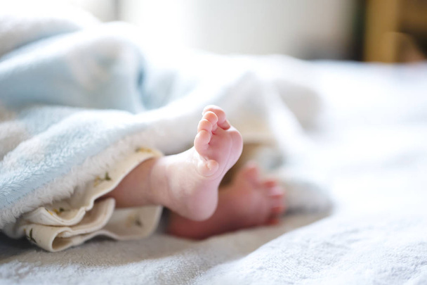Newborn baby on a white and light blue blanket - tiny baby feet. - Foto, immagini