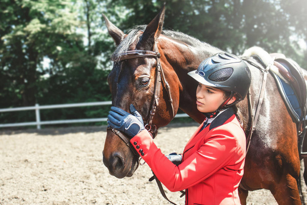 Tyttö ratsastaja ja hevonen poseeraa kevätmetsässä.Hän rakastaa eläimiä ja viettää iloisesti aikaa niiden ympäristössä.
. - Valokuva, kuva
