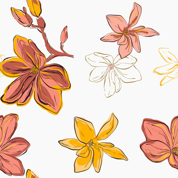 Seamless yellow magnolia flowers ang coral blossom. Vector floral pattern with leaves - Vektori, kuva