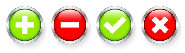 Conjunto de quatro botões de prata mais menos e verificar marcas vermelho verde
 - Vetor, Imagem