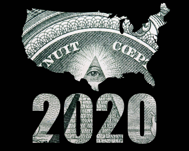 2020 Carte américaine silhouette, argent sur fond noir
. - Photo, image