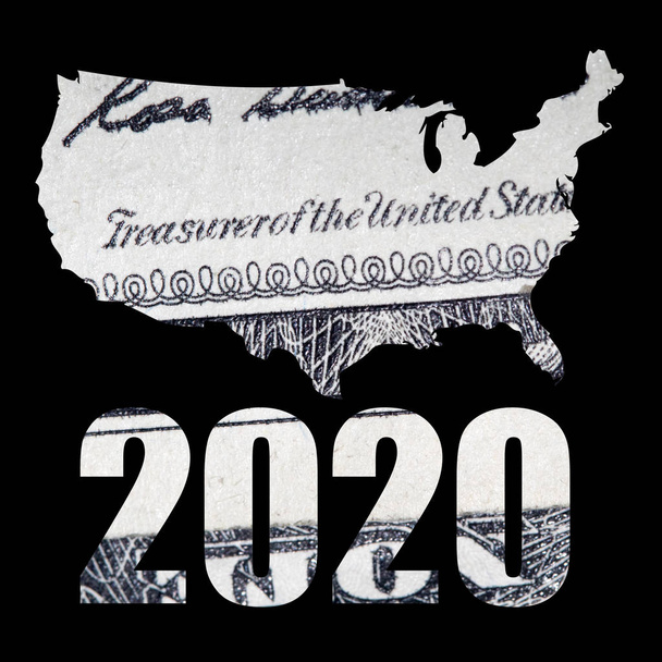 Силуэт карты США 2020, деньги на черном фоне
. - Фото, изображение