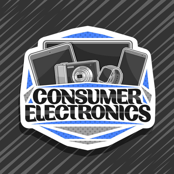 Διανυσματικό λογότυπο για καταναλωτικά ηλεκτρονικά, διακοσμητικό έμβλημα κομμένο χαρτί με απεικόνιση του Set γκρι ηλεκτρονικά προϊόντα, έννοια με την αρχική γραμματοσειρά για τις λέξεις ηλεκτρονικών καταναλωτών σε αφηρημένο φόντο - Διάνυσμα, εικόνα