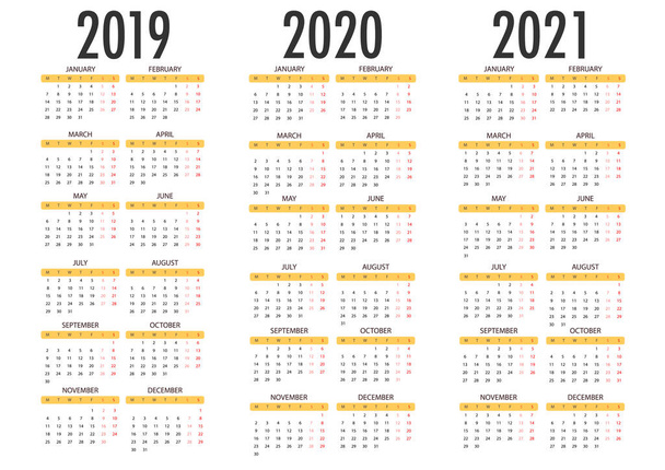 2019 2020 2021 のためのカレンダー シンプルベクトル テンプレート - ベクター画像
