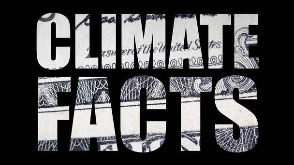 気候の事実のテキスト、黒の背景にお金. - 写真・画像