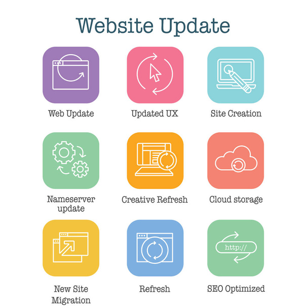 Web – aktualizace ikony sada s aktualizací SEO, vytvoření webu a název - Vektor, obrázek