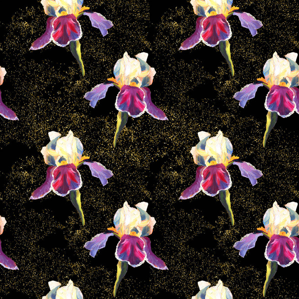 Floral seamless pattern with oil painted irises on black background with golden sparkles - Zdjęcie, obraz