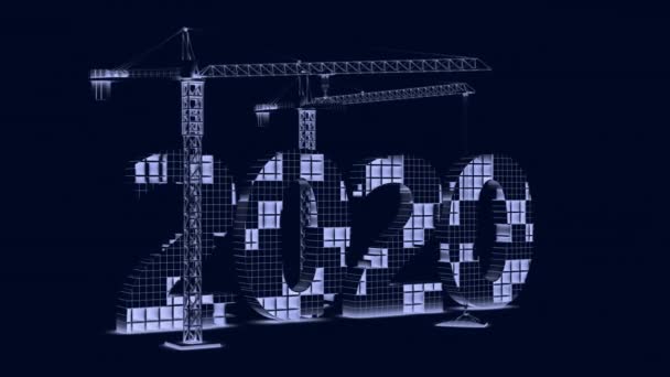 Twee torenkranen bouwen van een volumetrische figuur van 2020 in blauwe tinten. 3D-rendering. - Video