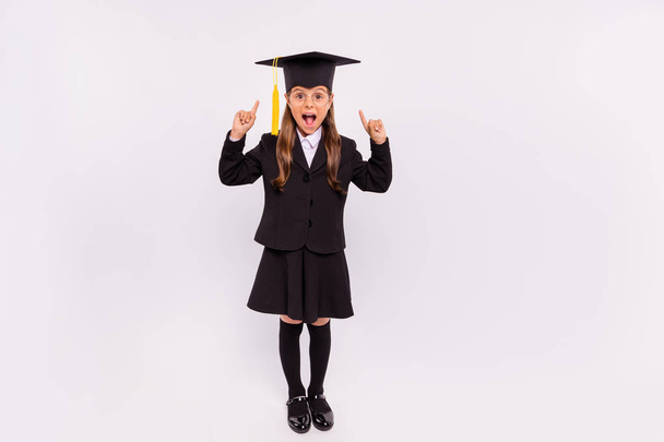 Full length body size view of nice attractive intelligent cheerful excited ecstatic glad pre-teen girl scientist pointing two fingers up showing demonstrate isolated on light white grey background - Foto, imagen