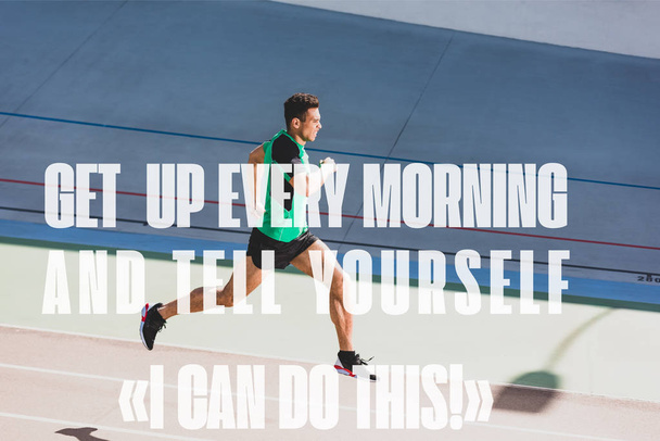 full length view of mixed race sportsman running at stadium with get up every morning and tell yourself I can do this illustration
 - Foto, Imagem