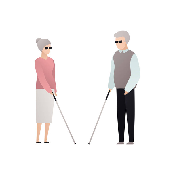 Personaggio cieco vettoriale persone illustrazione piatta. Un paio di anziani uomo e donna in occhiali con bastone in piedi isolato su sfondo bianco. Elemento di design moderno per il servizio di assistenza sociale, relativizzazione
 - Vettoriali, immagini