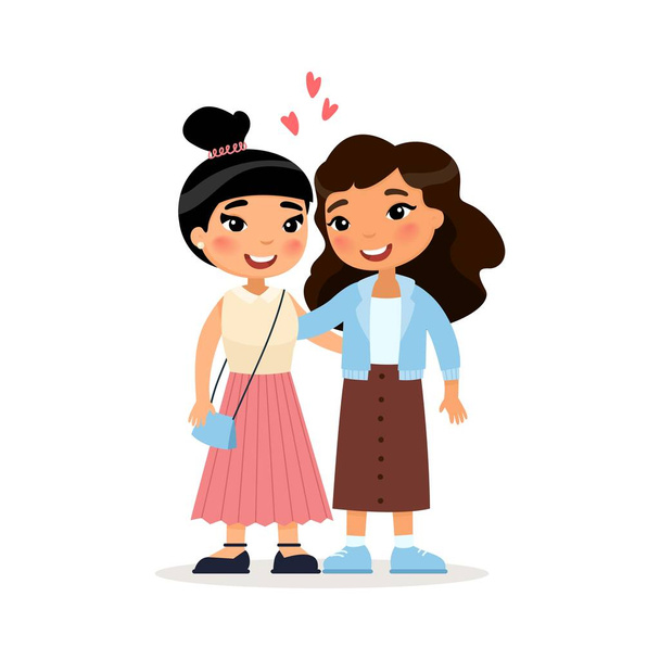 Два азіатських молодих дівчаток друзів або лесбійської пари обійматися. Кумедний мультиплікаційний персонаж. Векторна ілюстрація. Ізольований на білому фоні - Вектор, зображення